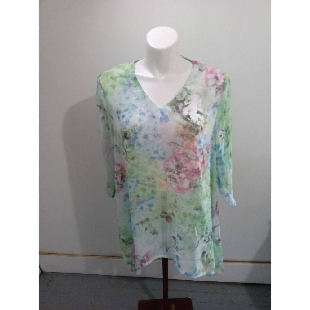 Indigo Soul Watercolor Floral V-Neck Tunic Top 3/4 Sleeve Size 2XL
